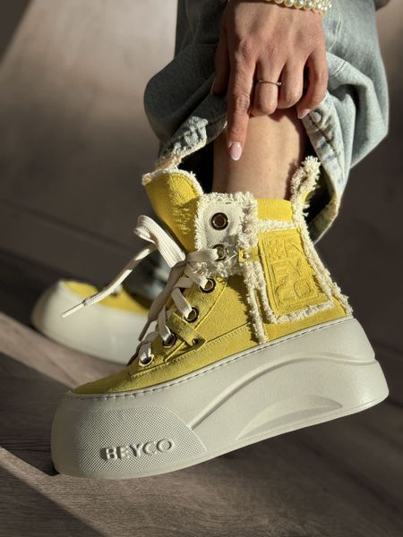 Skórzane sneakersy z lnem na grubym spodzie żółty BEYCO