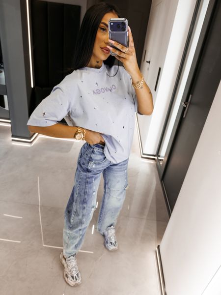 Tshirt damski oversize gwiazdki dziurki FIOVIIST Ola Voga baby blue