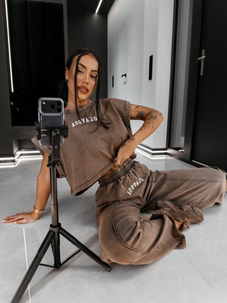 Komplet damski washed dekatyzowany LENCI Ola Voga ciemny brąz