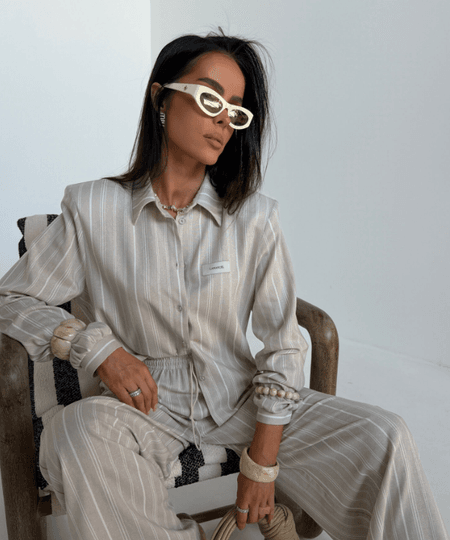 Komplet w paski elegancki len SEMPE La Manuel beż