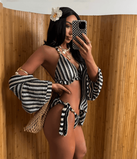 Komplet ażurowy bikini i koszula beżowo-czarny